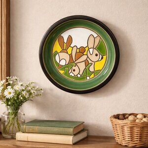 Vintage Pottery Rabbit Decorative Plate, Hand Made Folk Art Ceramic Bunny